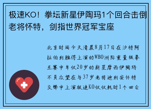 极速KO！拳坛新星伊陶玛1个回合击倒老将怀特，剑指世界冠军宝座